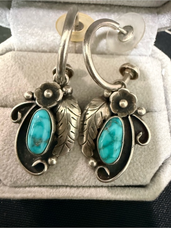 Jewelry - Vintage Phil Chapo Sterling Silver Turquoise Floral Hoop Earrings - Blue